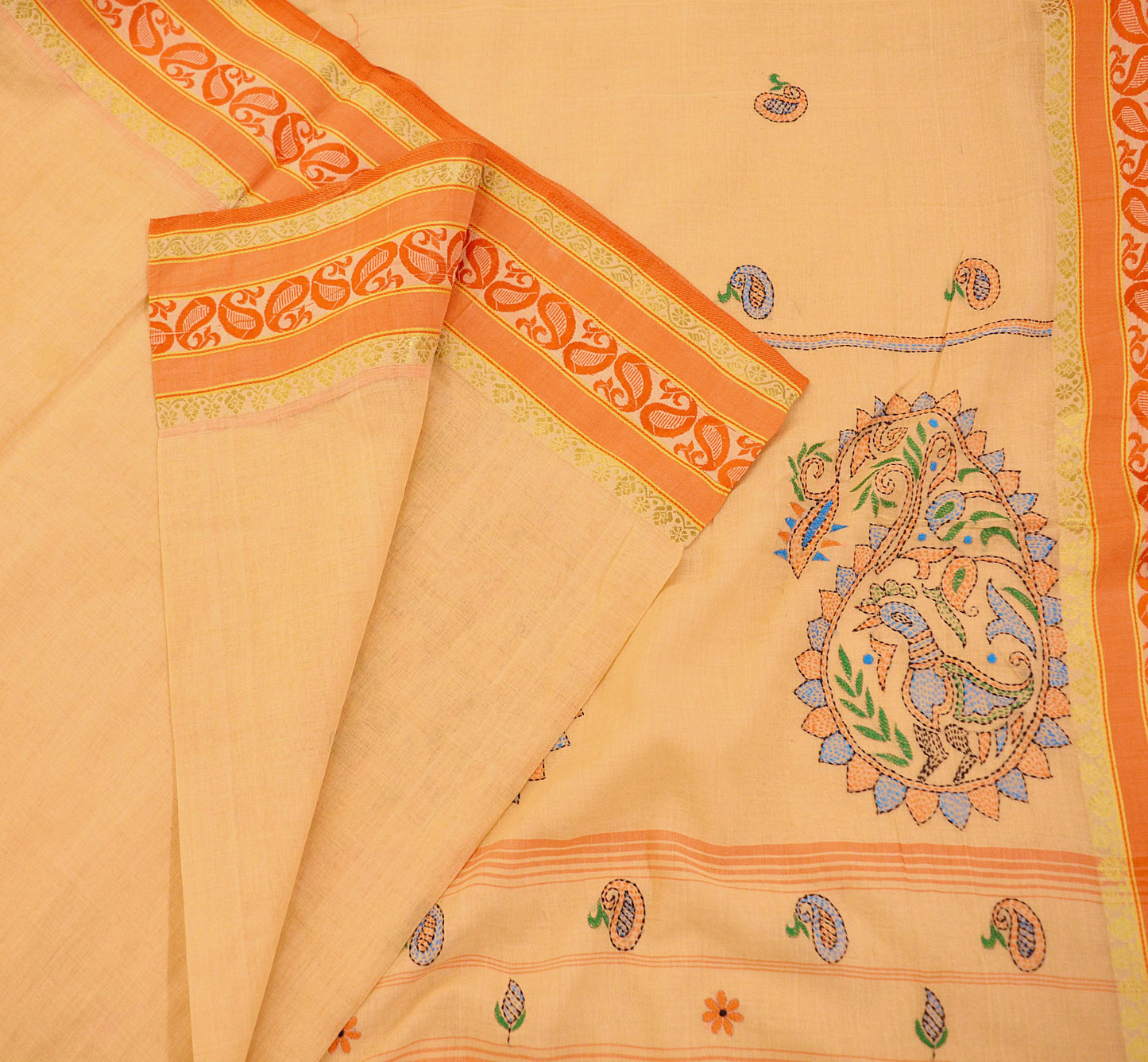 Indian Vintage Sari Peach Pure Cotton Hand Embroidered Saree Kantha Fabric 6yard Sewing Floral Soft Zari