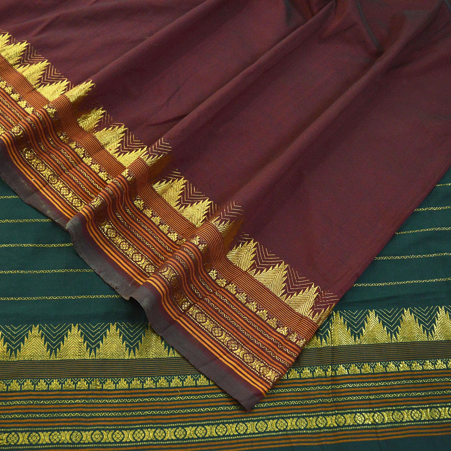 Vintage Sari Maroon & Green Pure Cotton Hand Woven Sarees Craft Fabric Zari 5Yd Sewing Soft Crafting Dress making Upcycle Quilting Zigzag
