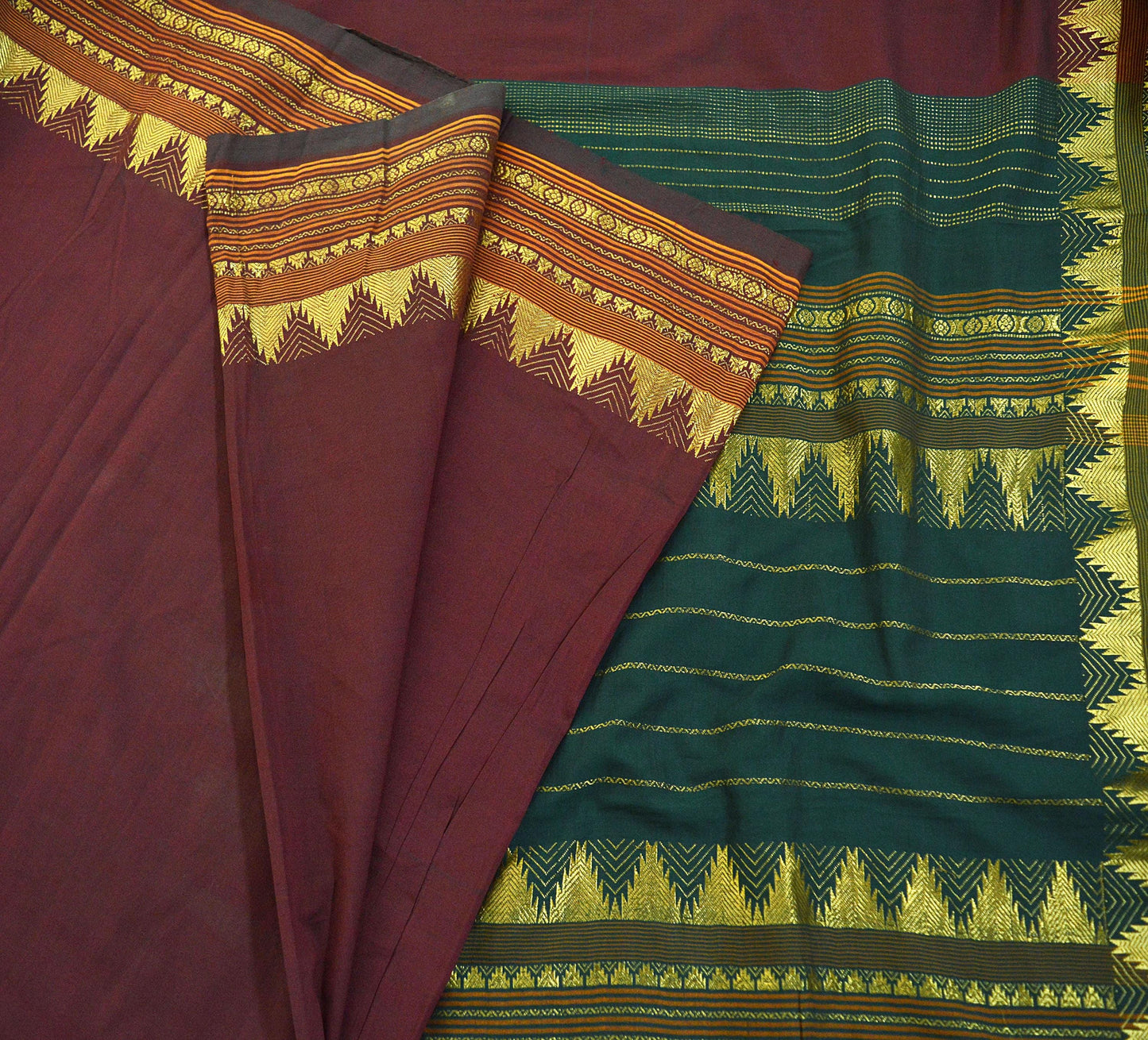 Vintage Sari Maroon & Green Pure Cotton Hand Woven Sarees Craft Fabric Zari 5Yd Sewing Soft Crafting Dress making Upcycle Quilting Zigzag