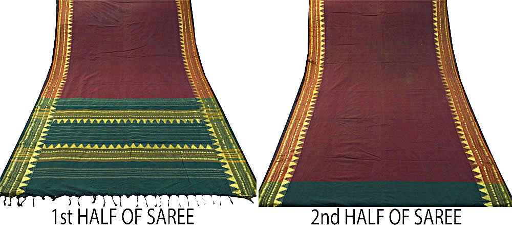 Vintage Sari Maroon & Green Pure Cotton Hand Woven Sarees Craft Fabric Zari 5Yd Sewing Soft Crafting Dress making Upcycle Quilting Zigzag