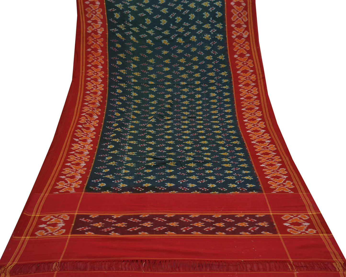 Indian Vintage Sarees Red & Black Pure Cotton Hand woven Sambalpuri Ikat sari Craft Fabric 5Yd Ethnic Chackra Border Dress Making Quilting