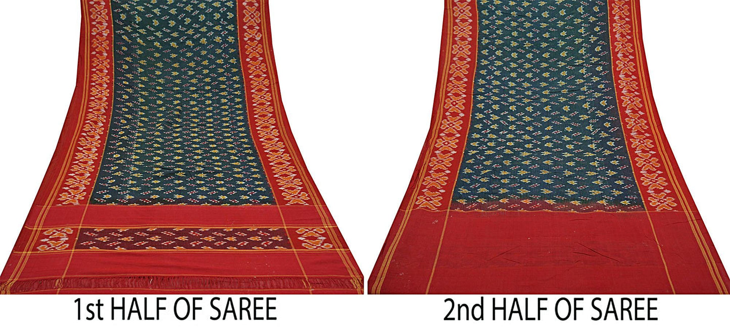 Indian Vintage Sarees Red & Black Pure Cotton Hand woven Sambalpuri Ikat sari Craft Fabric 5Yd Ethnic Chackra Border Dress Making Quilting