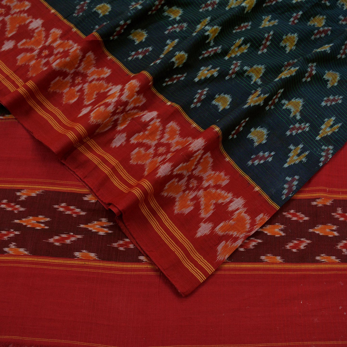 Indian Vintage Sarees Red & Black Pure Cotton Hand woven Sambalpuri Ikat sari Craft Fabric 5Yd Ethnic Chackra Border Dress Making Quilting