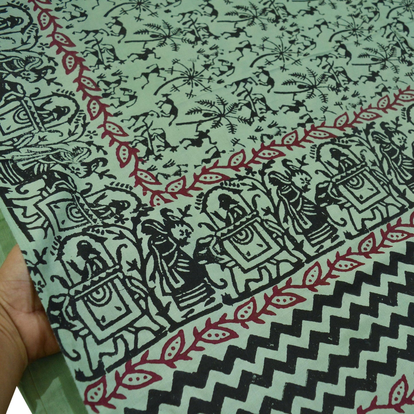 Indian Vintage Sari Green Pure Cotton Warli Print Saree 5Yd Craft Fabric Soft Sewing Sarong Wrap Boho Quilting Crafting Used Upcycle Dress