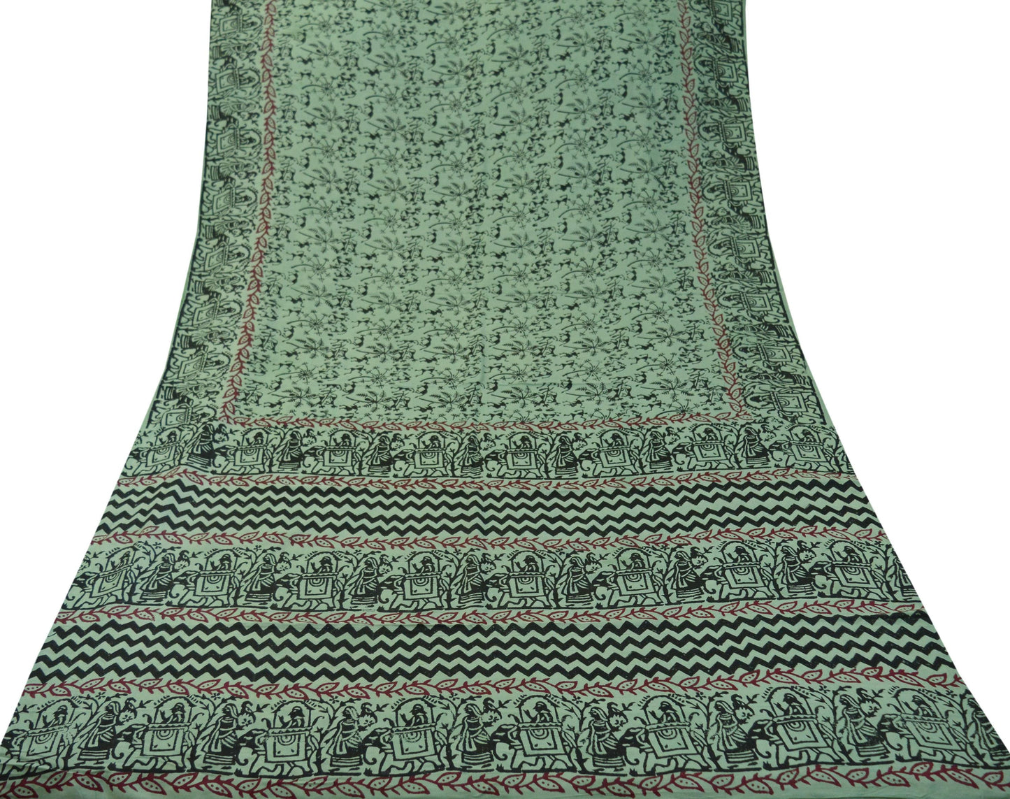 Indian Vintage Sari Green Pure Cotton Warli Print Saree 5Yd Craft Fabric Soft Sewing Sarong Wrap Boho Quilting Crafting Used Upcycle Dress