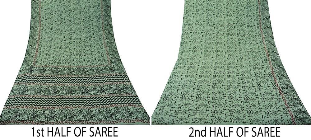 Indian Vintage Sari Green Pure Cotton Warli Print Saree 5Yd Craft Fabric Soft Sewing Sarong Wrap Boho Quilting Crafting Used Upcycle Dress
