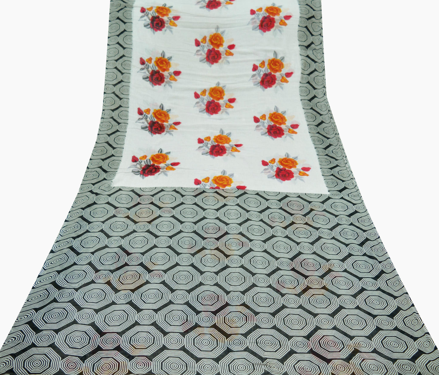 Indian Vintage Black & White Saree Printed Pure Cotton Indian Sari Craft Fabric 5Yd Sewing Soft Sarong Wrap Boho Floral Quilting Crafting
