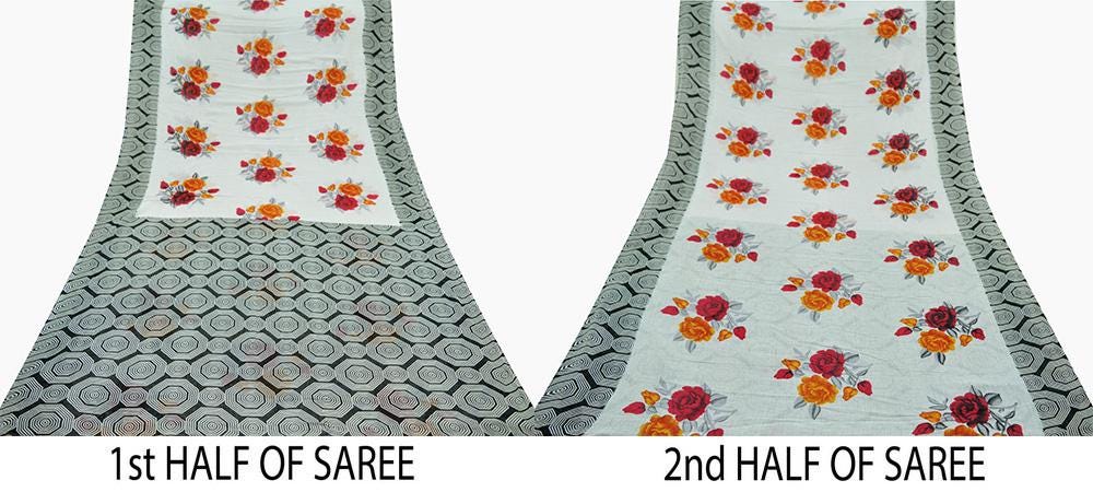 Indian Vintage Black & White Saree Printed Pure Cotton Indian Sari Craft Fabric 5Yd Sewing Soft Sarong Wrap Boho Floral Quilting Crafting