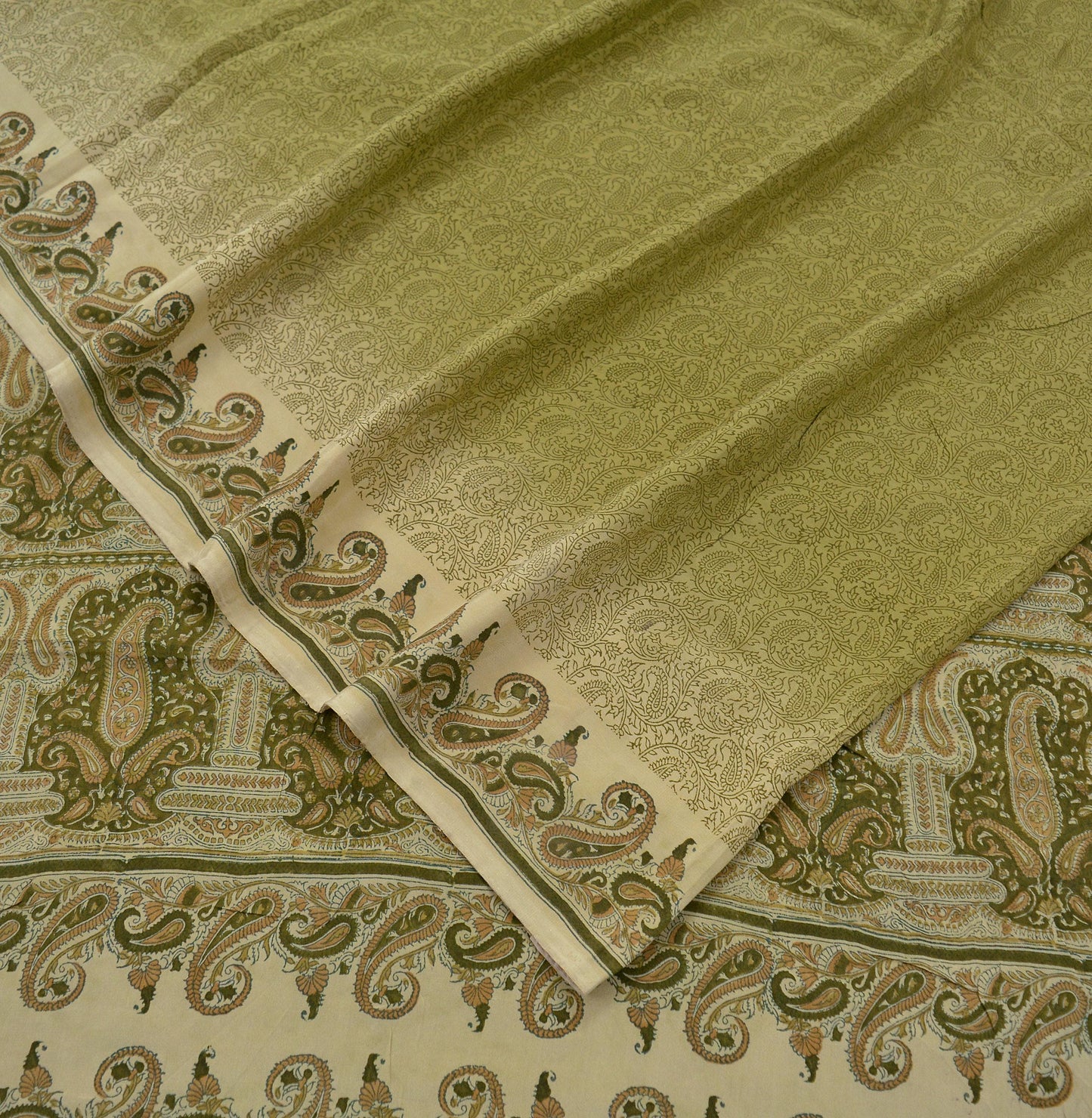 Indian Vintage Sari Cream & Green Pure Crepe Silk Printed Sarees 5yd Sewing Soft Craft Fabric Wrap Upcycle Quilting Crafting Dress making