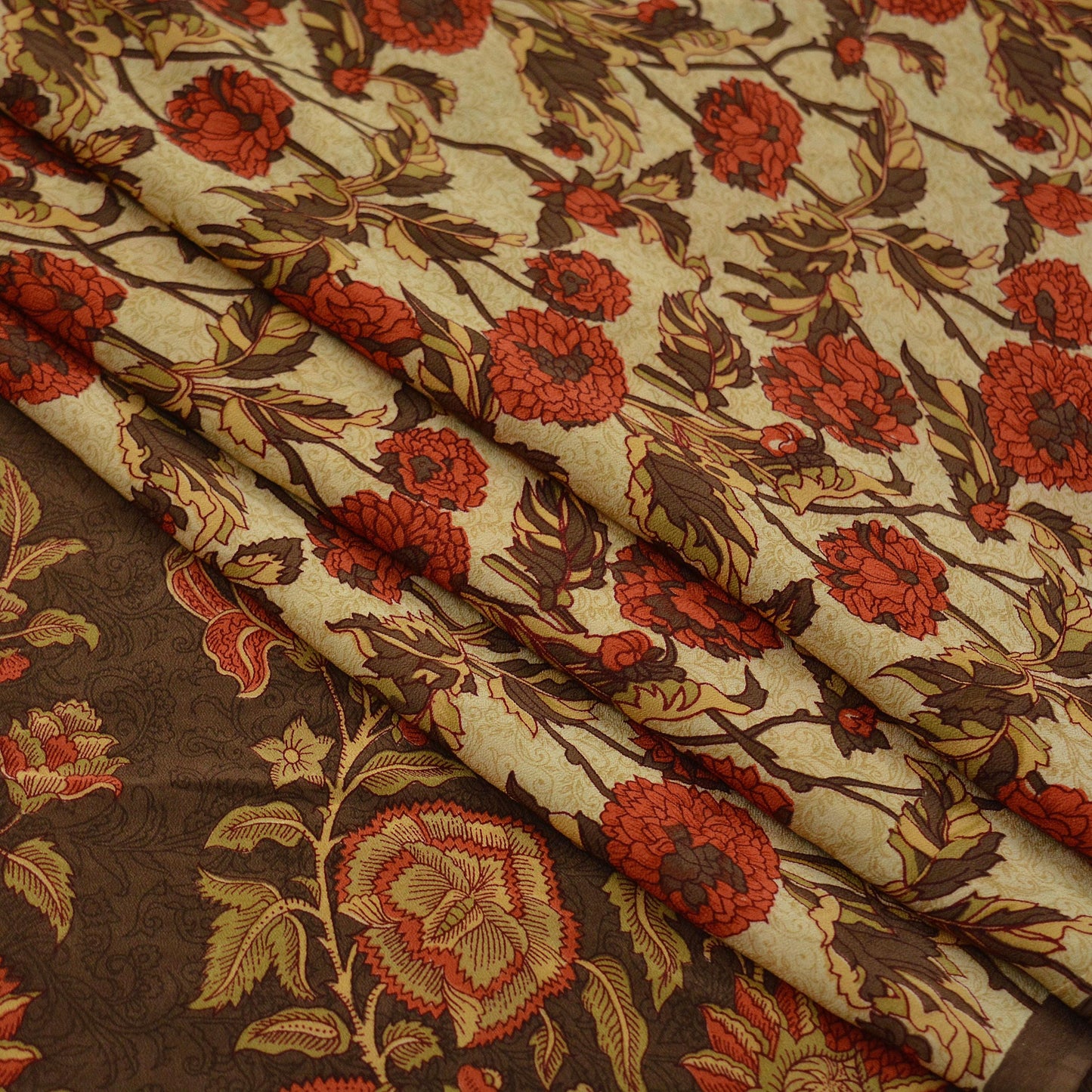 Indian Vintage Sari Brown & Beige Pure Crepe Silk Printed Sarees 5yd Sewing Craft Fabric Floral Soft Wrap Dress making Upcycle Quilting