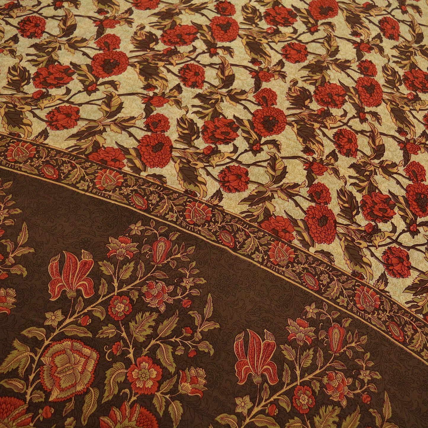 Indian Vintage Sari Brown & Beige Pure Crepe Silk Printed Sarees 5yd Sewing Craft Fabric Floral Soft Wrap Dress making Upcycle Quilting