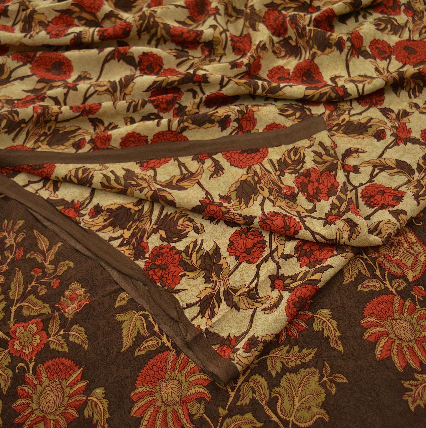 Indian Vintage Sari Brown & Beige Pure Crepe Silk Printed Sarees 5yd Sewing Craft Fabric Floral Soft Wrap Dress making Upcycle Quilting