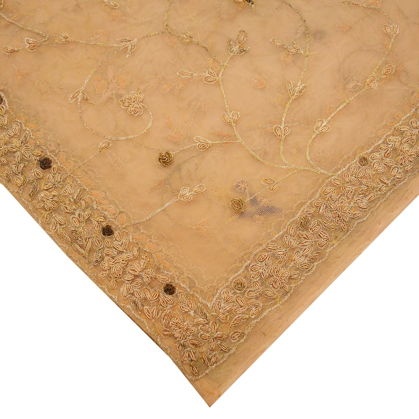 Indian Vintage Heavy Bridal Dupatta Peach Net Mesh Long Stole Hand Embroidered Scarves Golden Zardozi Dabka Zari Wedding/Party Wear