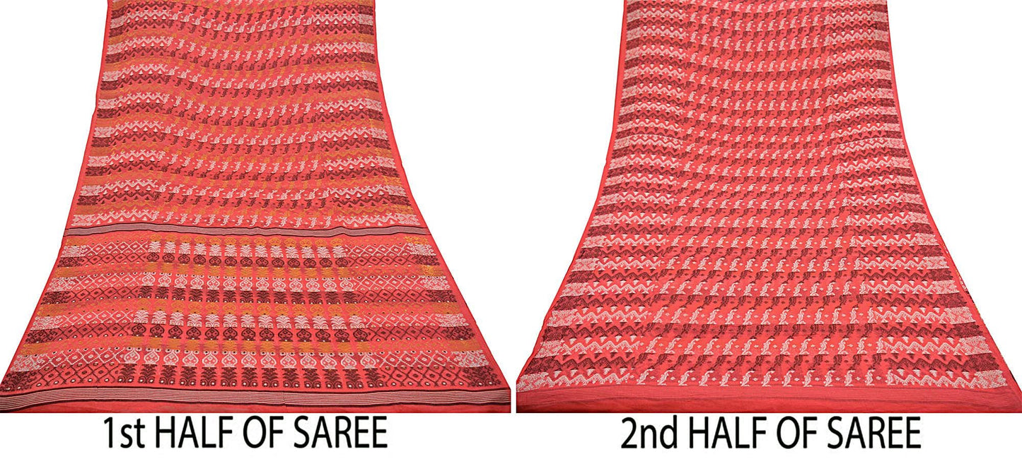 Indian Vintage Sarees Pink Pure Cotton Hand Woven Jamdani Sari 5yd Ethnic Floral Craft Fabric Dress making Upcycle Crafting Quilting Zari