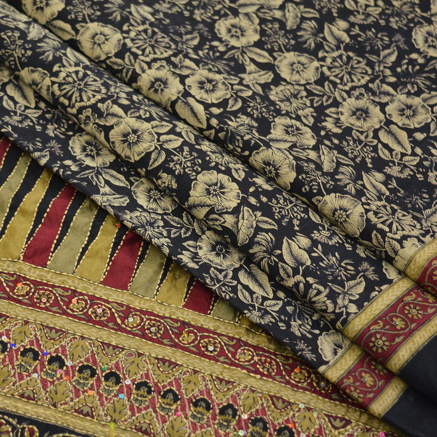 Indian Vintage Sari Black Art Silk Hand Embroidered Kantha Sarees 5yd Craft Fabric Ethnic Sewing Floral Soft Sequins Quilting Crafting Used