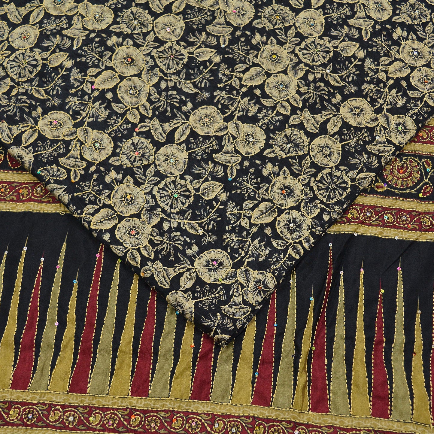 Indian Vintage Sari Black Art Silk Hand Embroidered Kantha Sarees 5yd Craft Fabric Ethnic Sewing Floral Soft Sequins Quilting Crafting Used