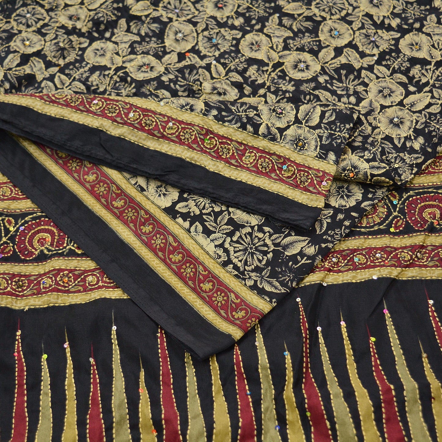 Indian Vintage Sari Black Art Silk Hand Embroidered Kantha Sarees 5yd Craft Fabric Ethnic Sewing Floral Soft Sequins Quilting Crafting Used