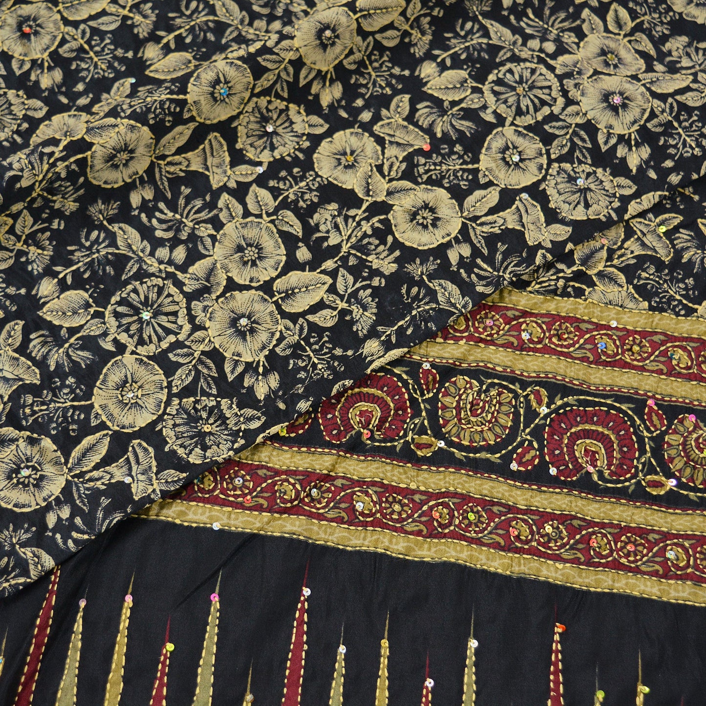 Indian Vintage Sari Black Art Silk Hand Embroidered Kantha Sarees 5yd Craft Fabric Ethnic Sewing Floral Soft Sequins Quilting Crafting Used