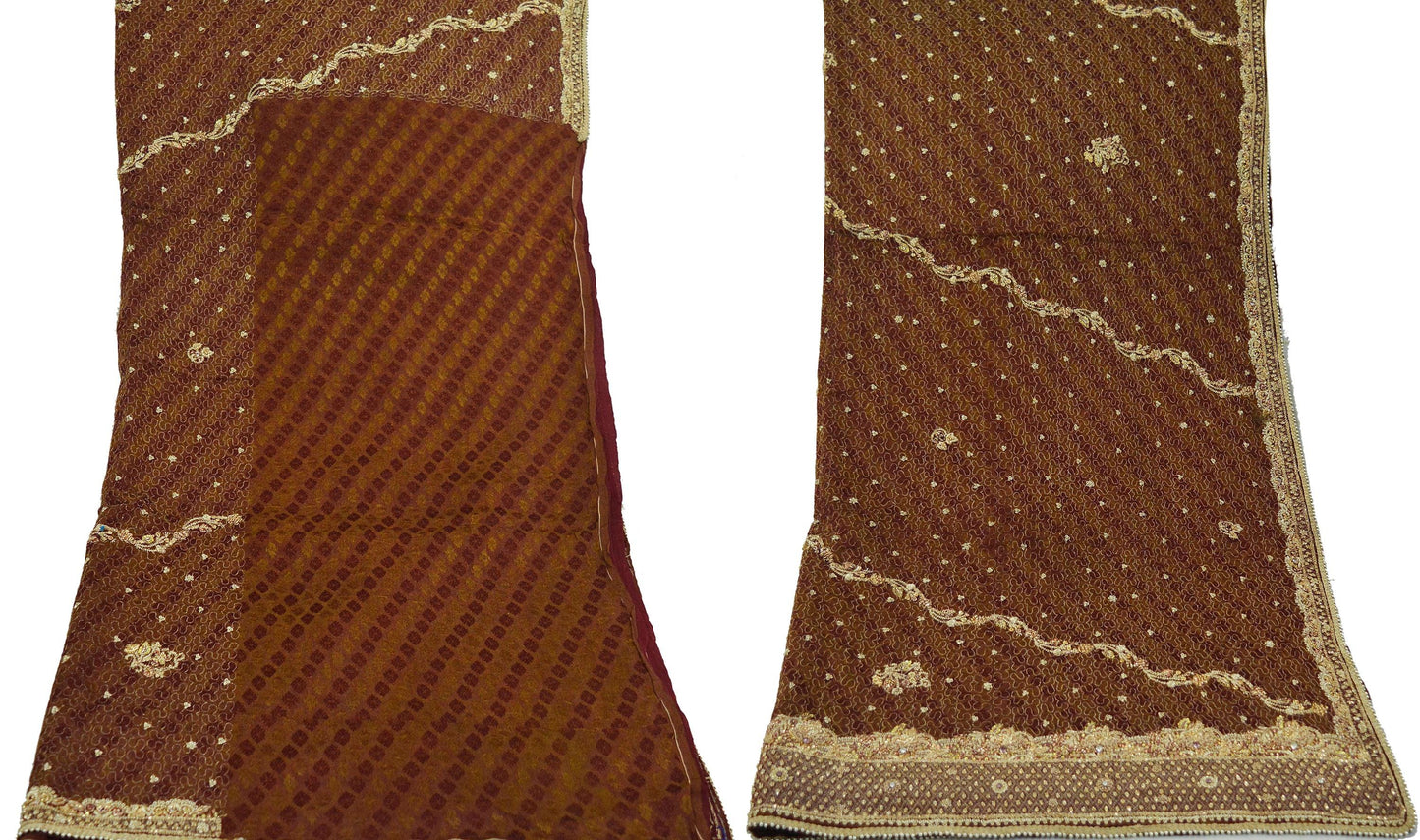 Indian Vintage Heavy Bridal Dupatta Maroon Pure Silk Long Stole Hand Embroidered Scarf Scarves Zardozi/Dabka Wedding Dupatta Party Wear Veil