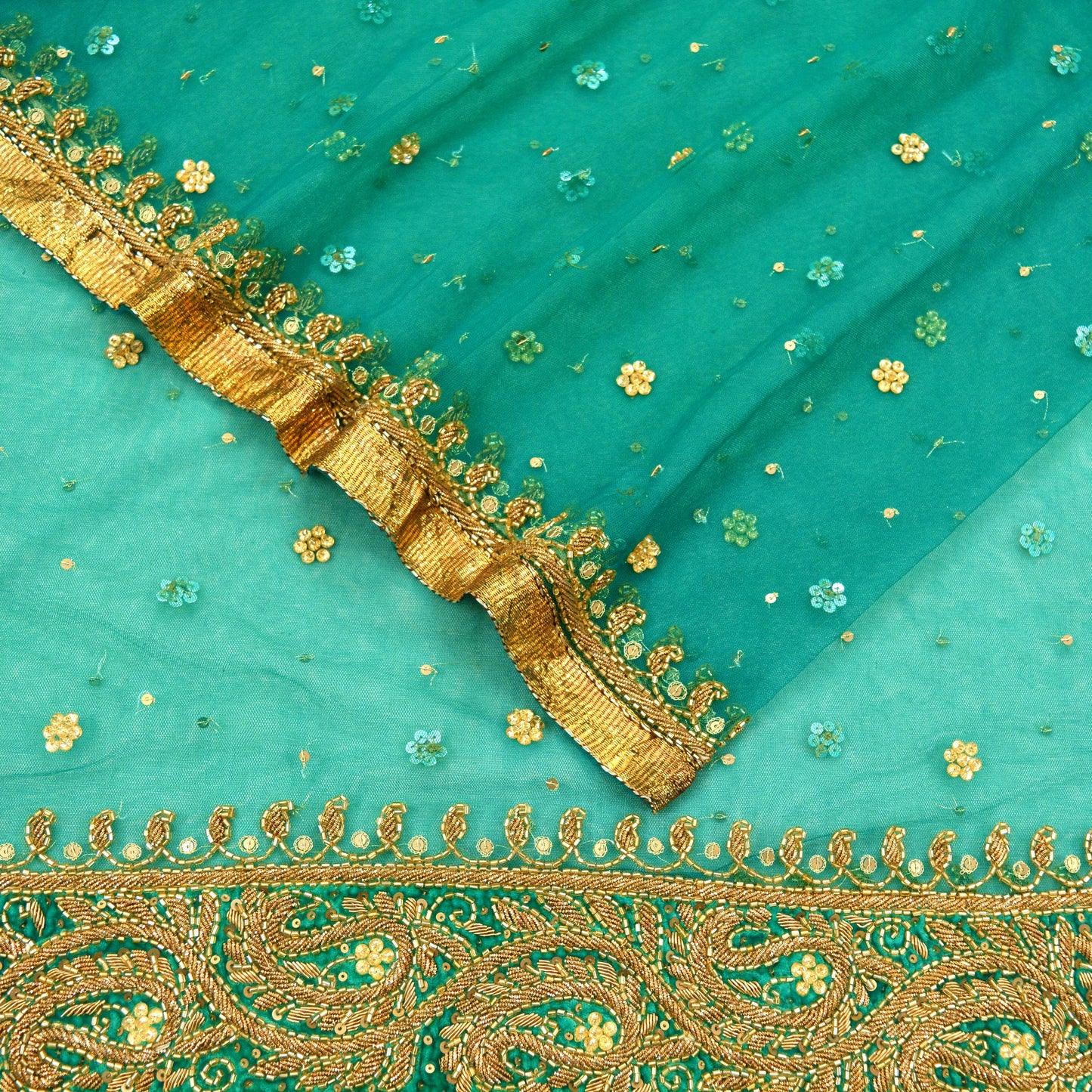 Indian Vintage Heavy Bridal Dupatta Green Net Mesh Long Stole Hand Embroidered Scarf Zardozi Zari Sequins Wedding/Party wear hijab veil