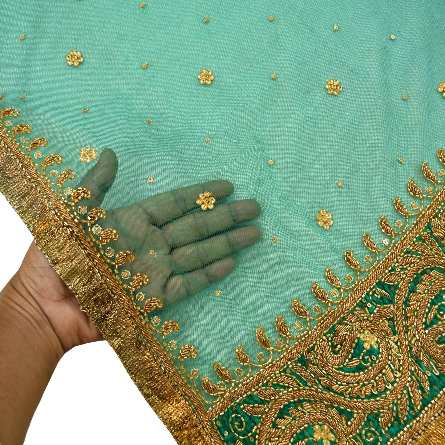 Indian Vintage Heavy Bridal Dupatta Green Net Mesh Long Stole Hand Embroidered Scarf Zardozi Zari Sequins Wedding/Party wear hijab veil