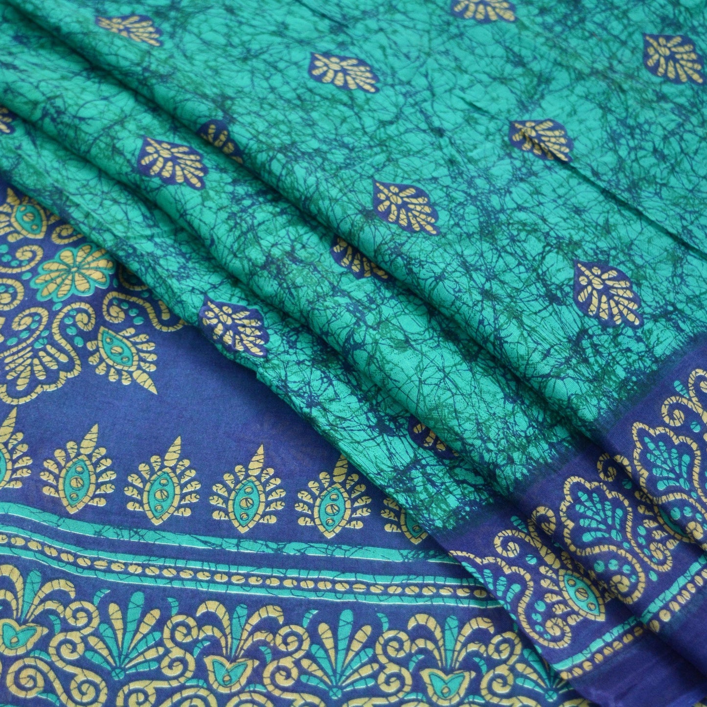 Indian Vintage Sari Green & Blue Batik Printed Saree 100% Pure Cotton 5Yd Craft Fabric Soft Sewing Sarong Wrap Boho Quilting Dress Making
