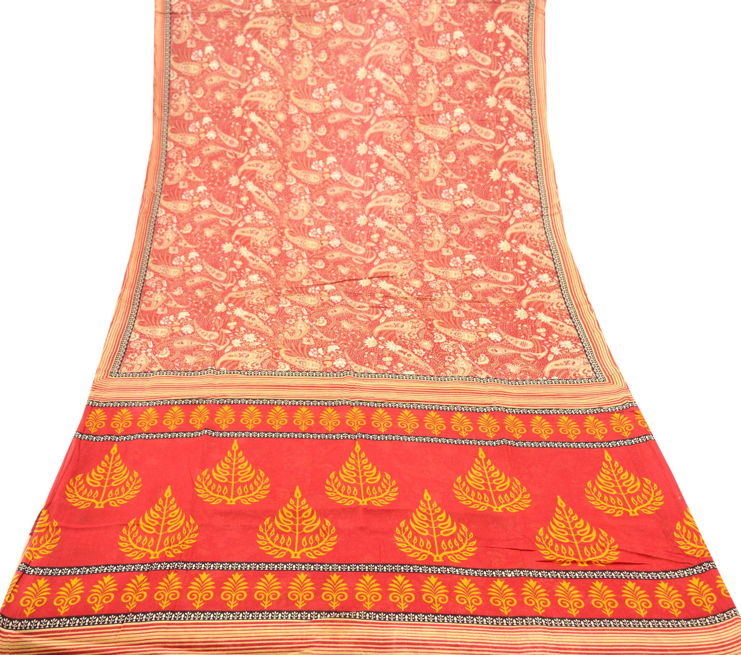 Indian Vintage Sari Red Printed Saree 100% Pure Cotton 5Yd Craft Fabric Sewing Soft Sarong Wrap Boho Paisley Quilting Dress Making Crafting