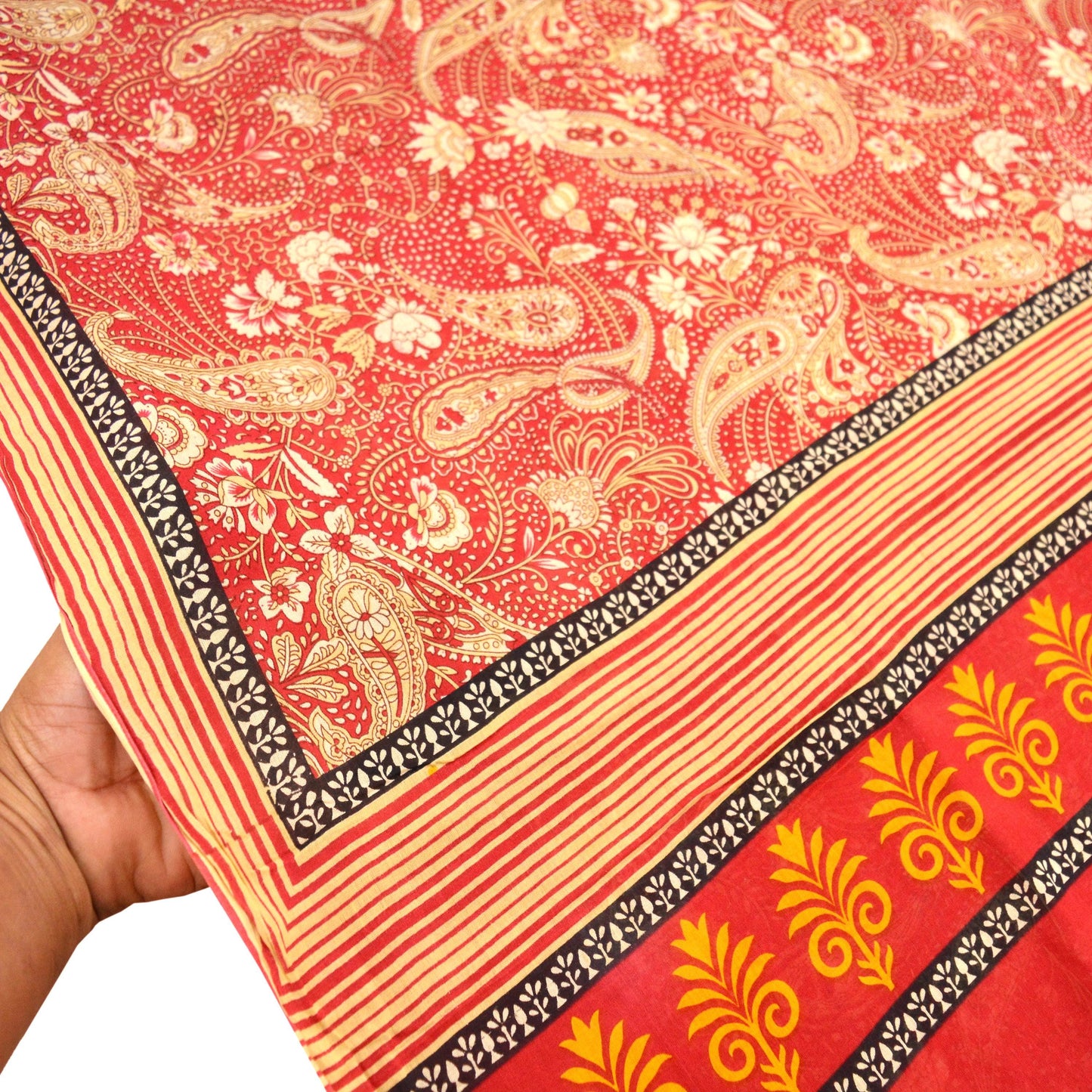 Indian Vintage Sari Red Printed Saree 100% Pure Cotton 5Yd Craft Fabric Sewing Soft Sarong Wrap Boho Paisley Quilting Dress Making Crafting