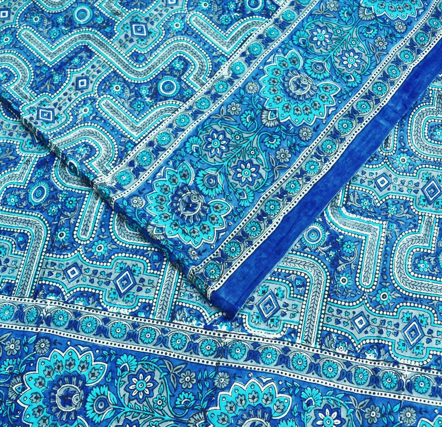 Indian Vintage Sari Blue & Gray 100% Pure Silk Printed Saree 5yd Sewing Craft Fabric Soft DressMaking Wrap Quilting Wrapping Crafting