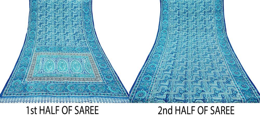 Indian Vintage Sari Blue & Gray 100% Pure Silk Printed Saree 5yd Sewing Craft Fabric Soft DressMaking Wrap Quilting Wrapping Crafting
