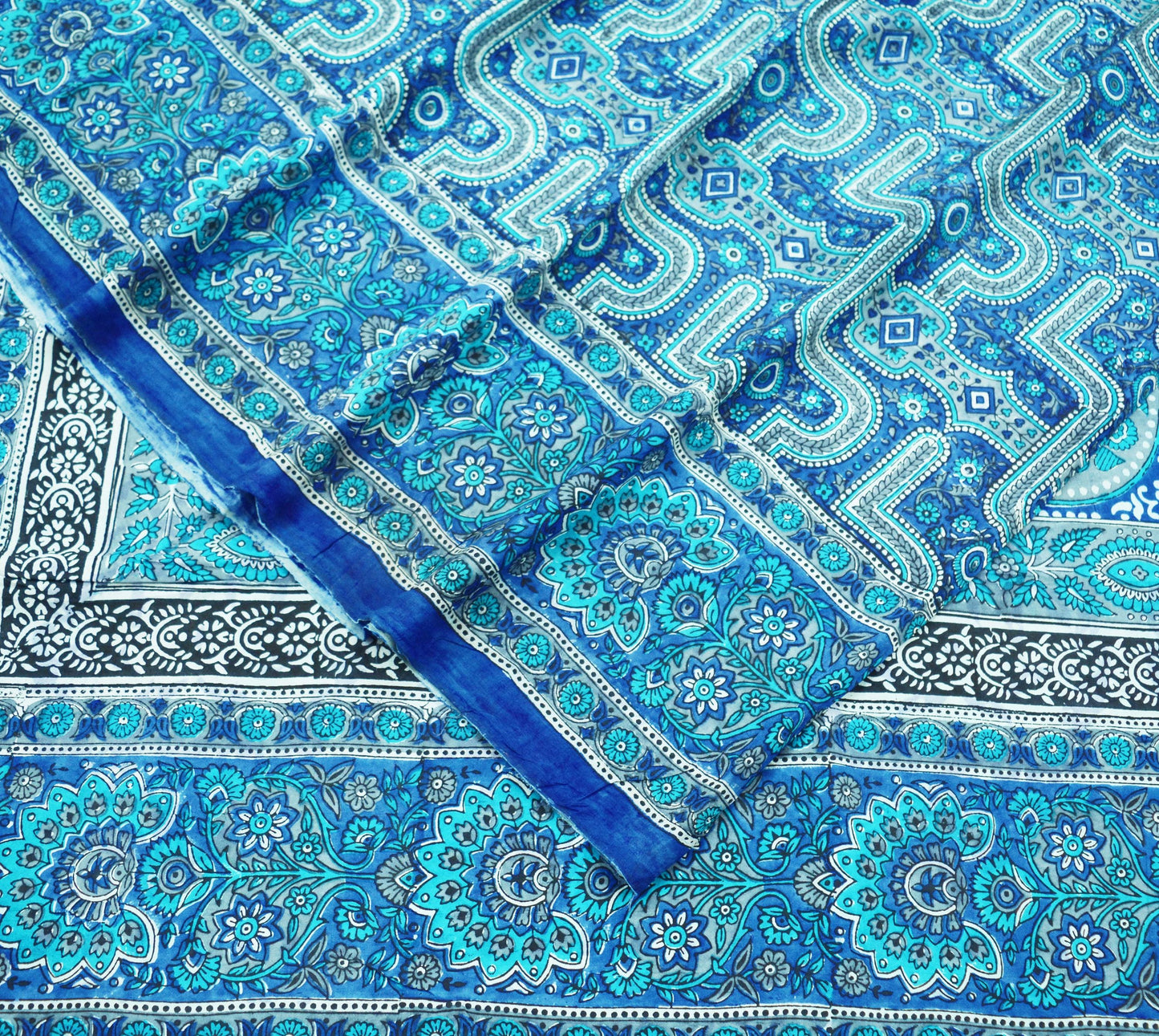 Indian Vintage Sari Blue & Gray 100% Pure Silk Printed Saree 5yd Sewing Craft Fabric Soft DressMaking Wrap Quilting Wrapping Crafting
