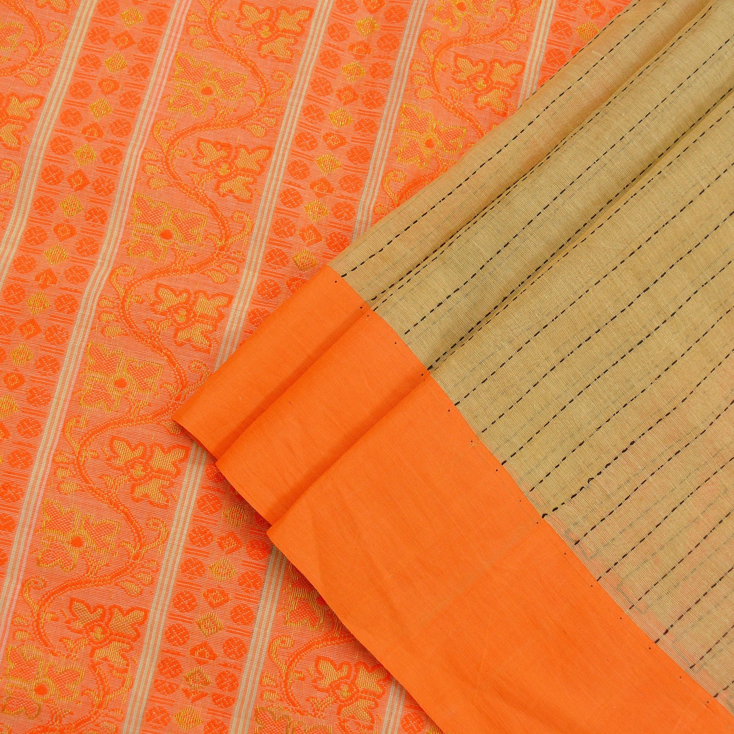Vintage Sari Beige Pure Cotton Hand Woven Sarees Golden Zari 5Yd Craft Fabric Floral Golden Zari Dress making Crafting Quilting Upcycle