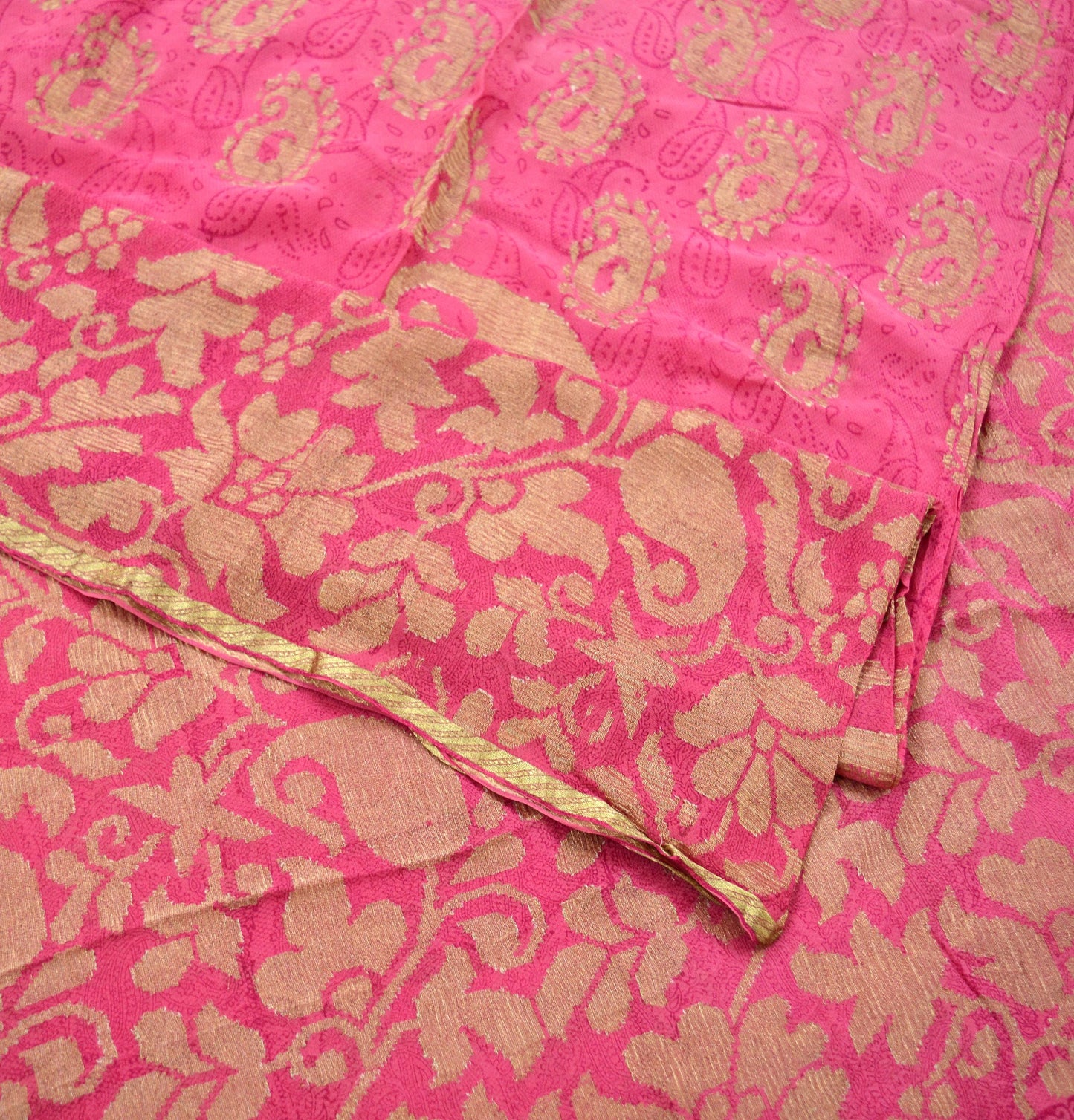 Indian Vintage Sari Pink Pure Georgette Silk Woven Block Printed Sarees 5Yd Craft Fabric Sewing Soft Dress Making Woven Zari Border Quilting
