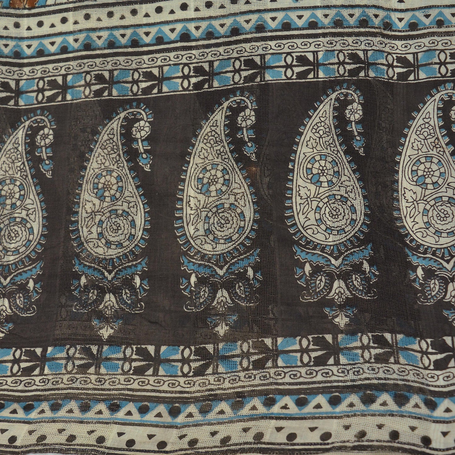 Indian Vintage Brown & Blue Dupatta Long Stole Block Print Pure Cotton Indian Scarves Scarf Veil Wrap Boho Soft Paisley