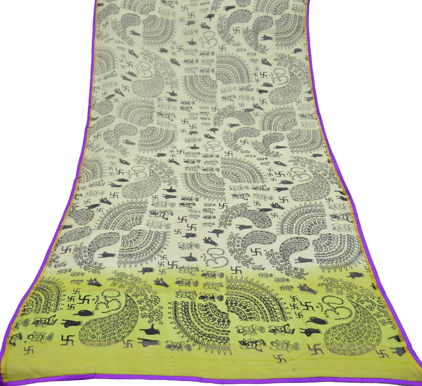 Indian Vintage Dupatta Ivory & yellow Long Stole Hand Embroidered Block Print Pure Chanderi Silk Indian Scarves Veil Golden Zari