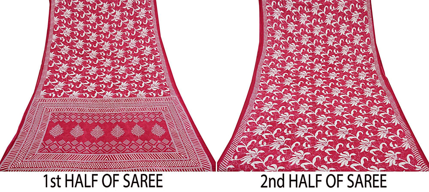 Indian Vintage Sari White & Pink Printed Pure Cotton Sarees Craft Fabric 5Yd Soft Sewing Sarong Wrap Boho Floral Quilting Dress making