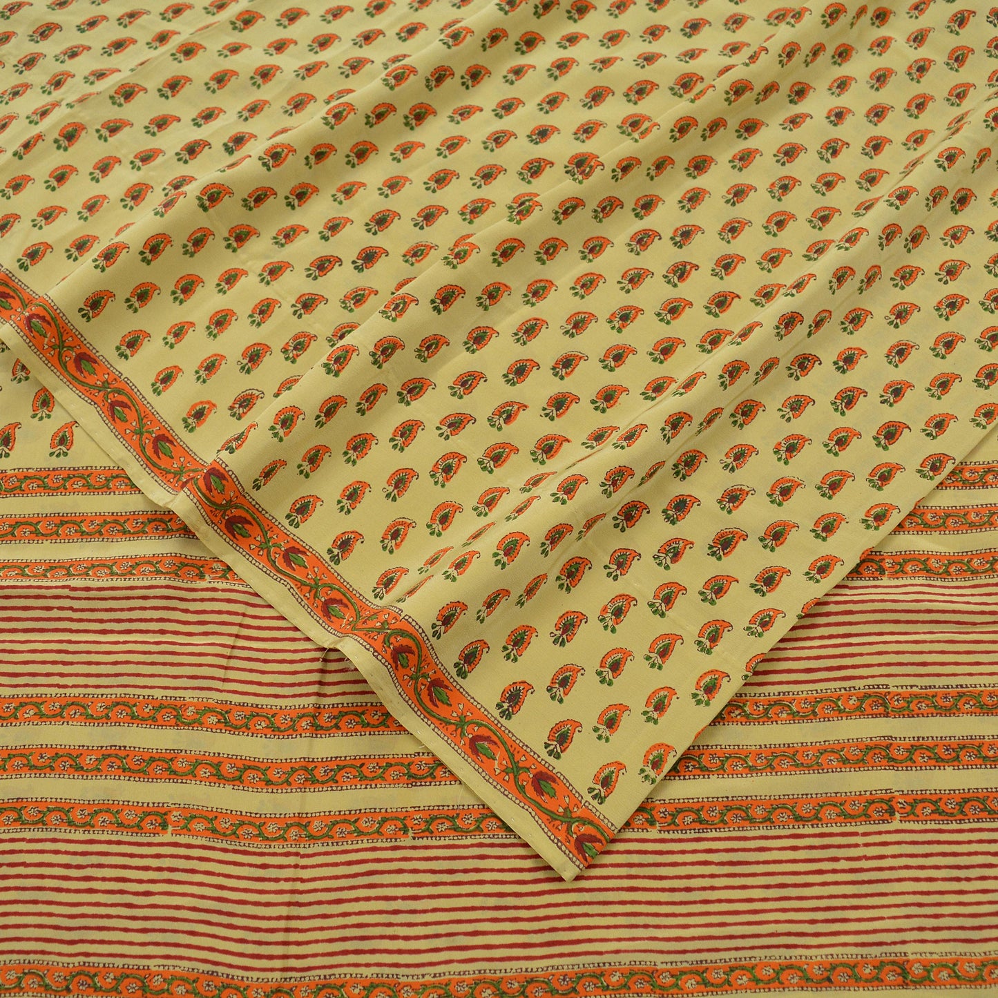 Indian Vintage Sari Beige Pure Crepe Silk Block Printed Sarees 5yd Sewing Floral Soft Craft Fabric Wrap Dress making Upcycle Crafting