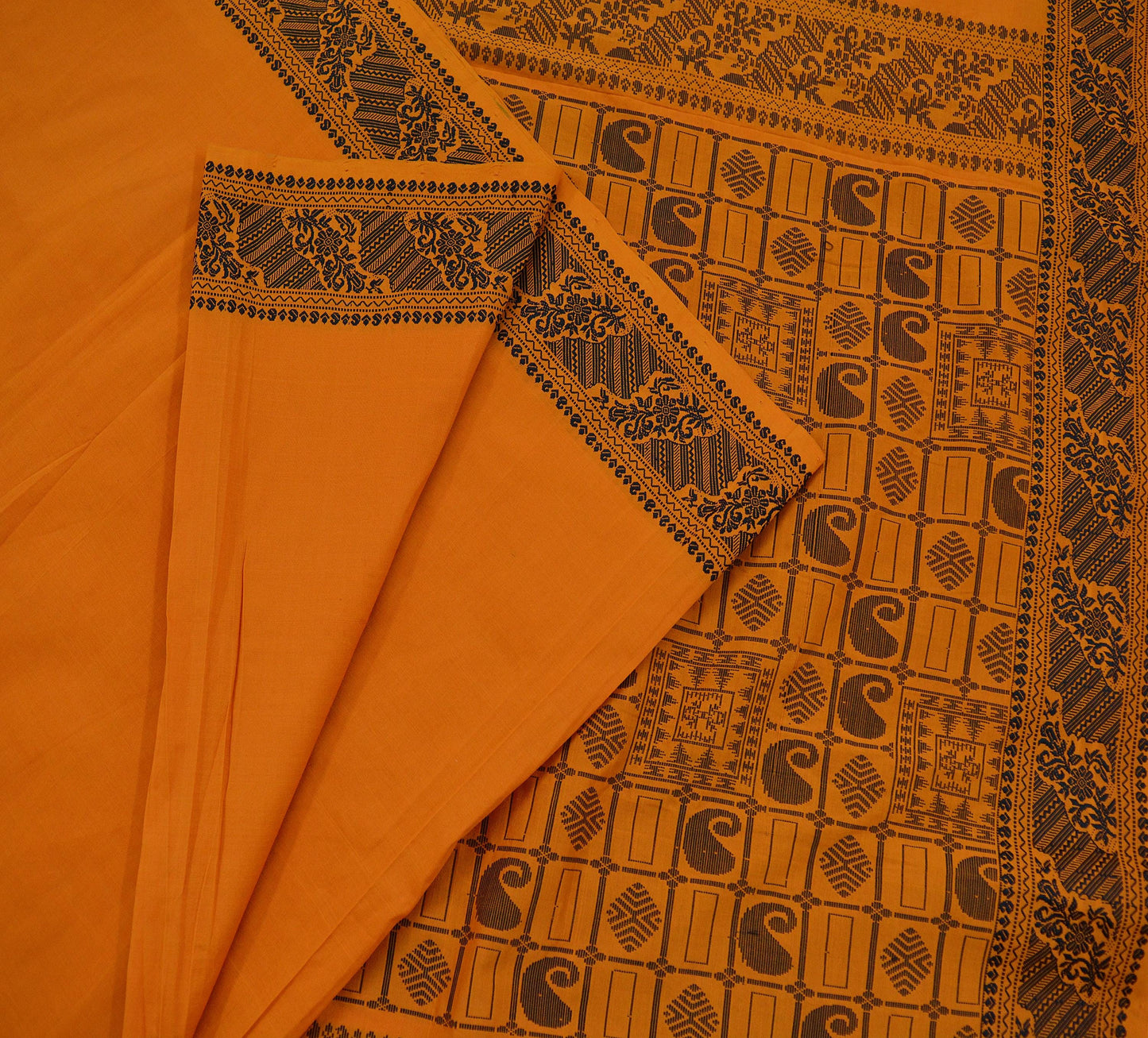 Indian Vintage Sari Saffron Pure Cotton Hand Woven Baluchari Saree Craft Fabric 5yd Ethnic Humans Fringes Paisley Crafting Upcycle Quilting