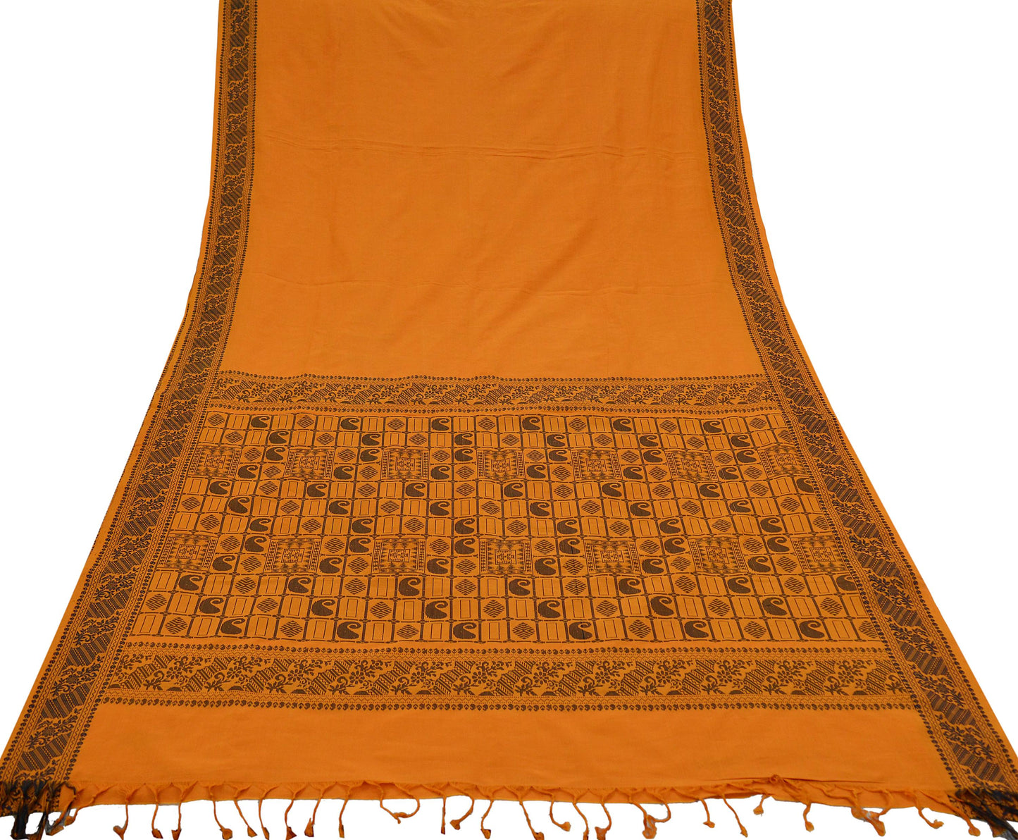 Indian Vintage Sari Saffron Pure Cotton Hand Woven Baluchari Saree Craft Fabric 5yd Ethnic Humans Fringes Paisley Crafting Upcycle Quilting
