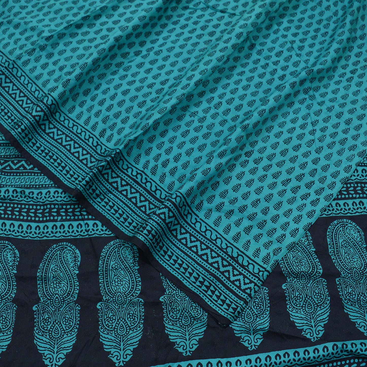 Indian Vintage Green & Black Sarees Hand Block Printed Sari Pure Silk Craft Fabric 6Yd Floral Soft Quilting Crafting Upcycle