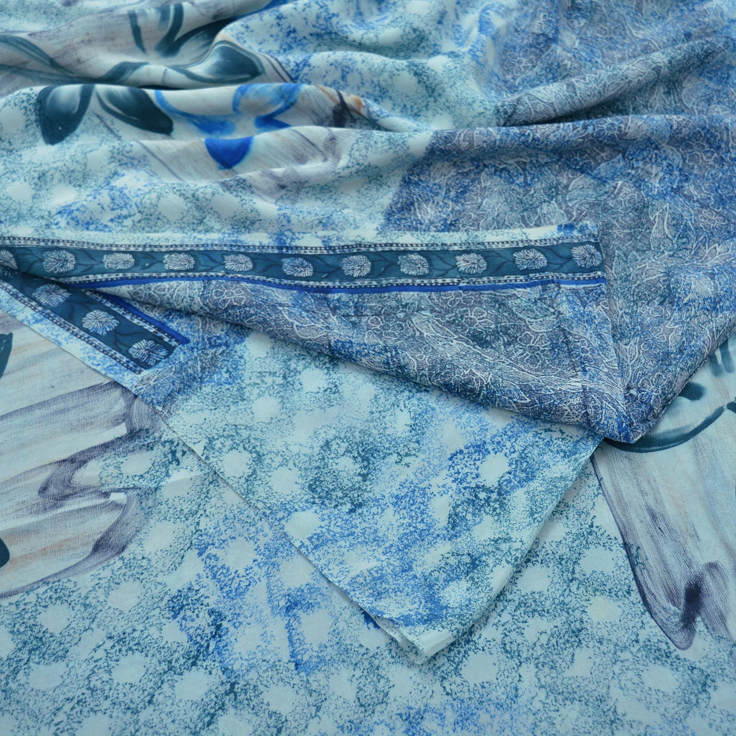 Indian Vintage Sari Ivory & Blue Pure Crepe Silk Printed Saree 5yard Sewing Floral Soft Craft Fabric Wrap Upcycle Quilting Crafting Used