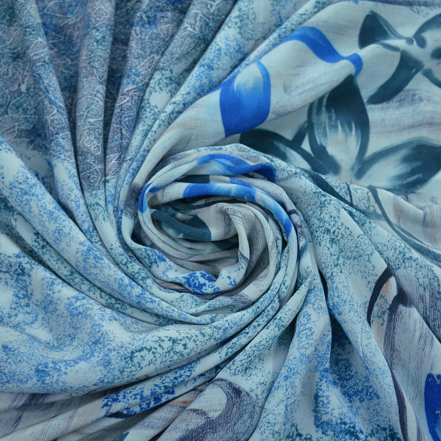 Indian Vintage Sari Ivory & Blue Pure Crepe Silk Printed Saree 5yard Sewing Floral Soft Craft Fabric Wrap Upcycle Quilting Crafting Used