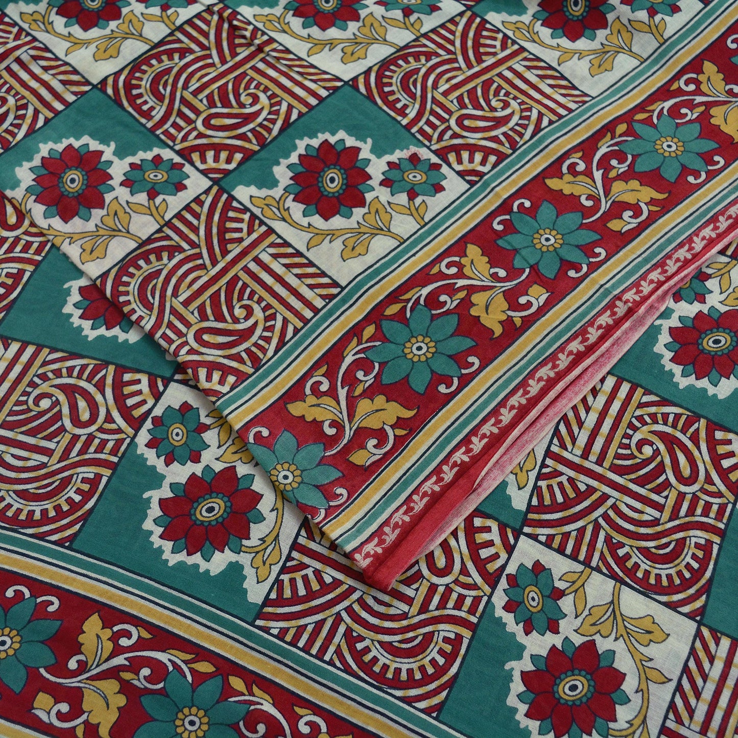 Indian Vintage Sari Green & Red Printed Pure Cotton Saree Craft Fabric 5Yd Sewing Sarong Wrap Boho Floral Crafting Upcycle Quilting Used