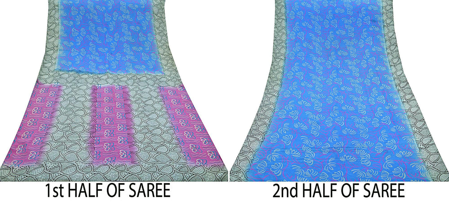 Indian Vintage Sari Blue & Gray Pure Printed Crepe Silk Sarees 6yd Sewing Soft Craft Fabric Wrap Sewing Dress Making Crafting Quilting