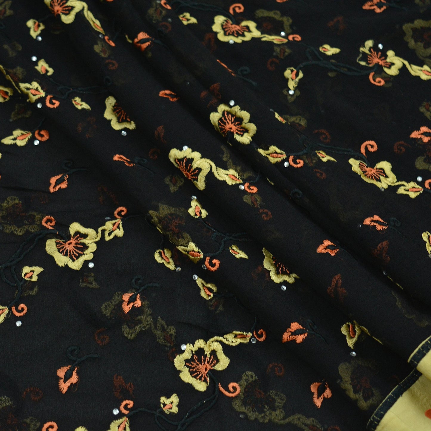Indian Vintage Black Dupatta Long Stole Pure Georgette Silk Hand Embroidered Indian Scarves Veil Scarf Wrap Hippie Boho Soft