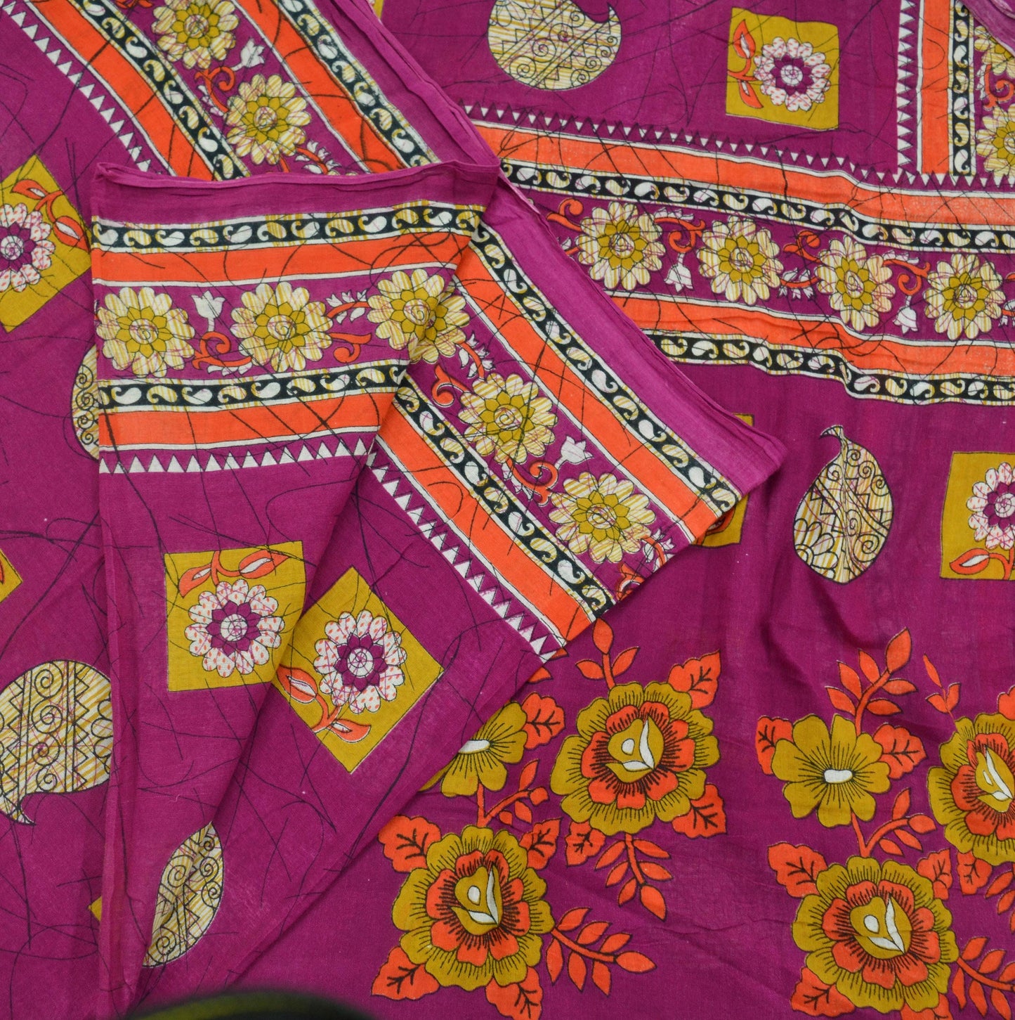 Indian Vintage Sari Purple Printed Sarees Pure Cotton Craft Fabric 5Yd Soft Sewing Sarong Wrap Boho Upcycle Quilting Crafting Used