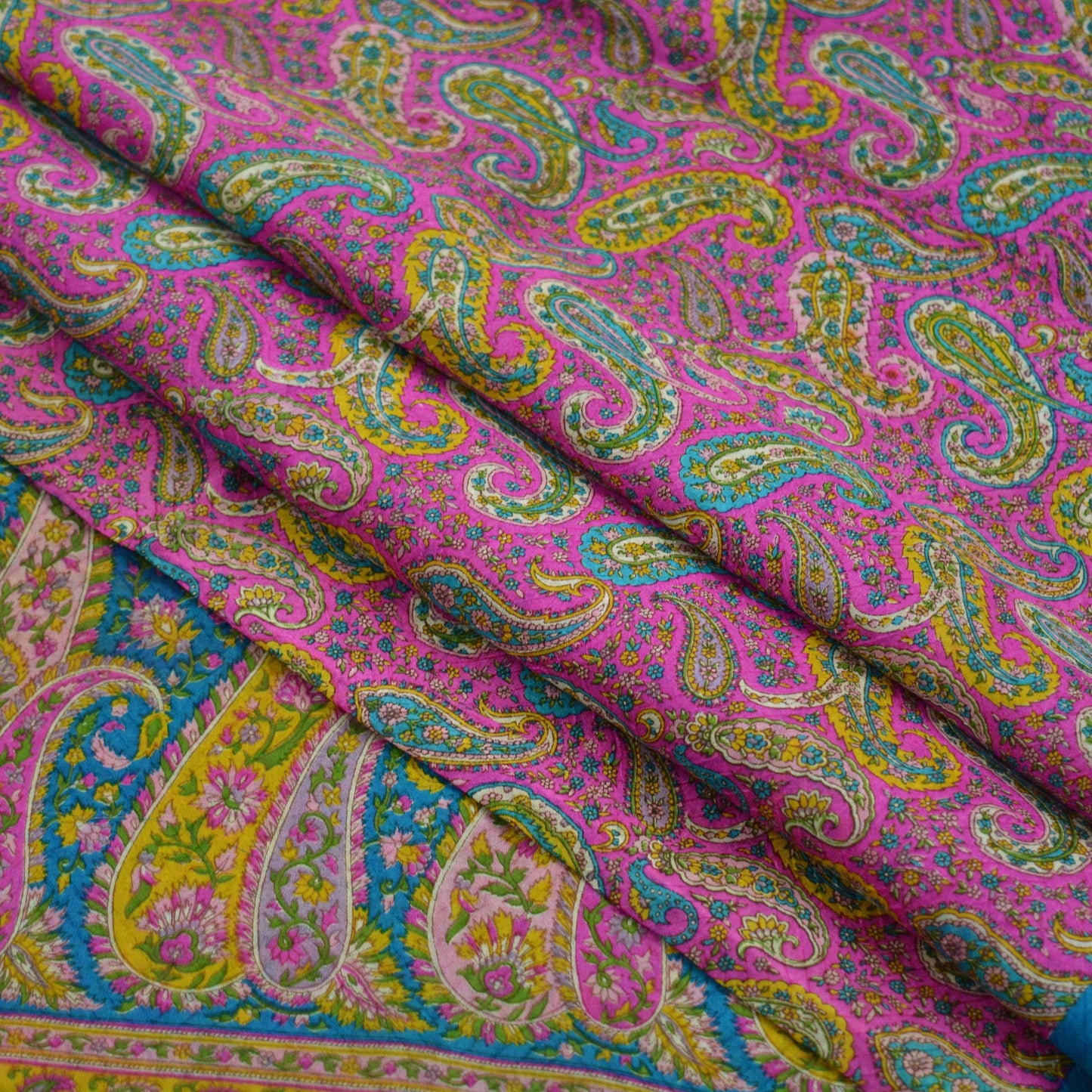 Indian Vintage Pink & Blue Saree 100% Pure Silk Printed Sari Craft Fabric 6yd Sewing Dress Making Soft Floral Paisley Quilting Crafting