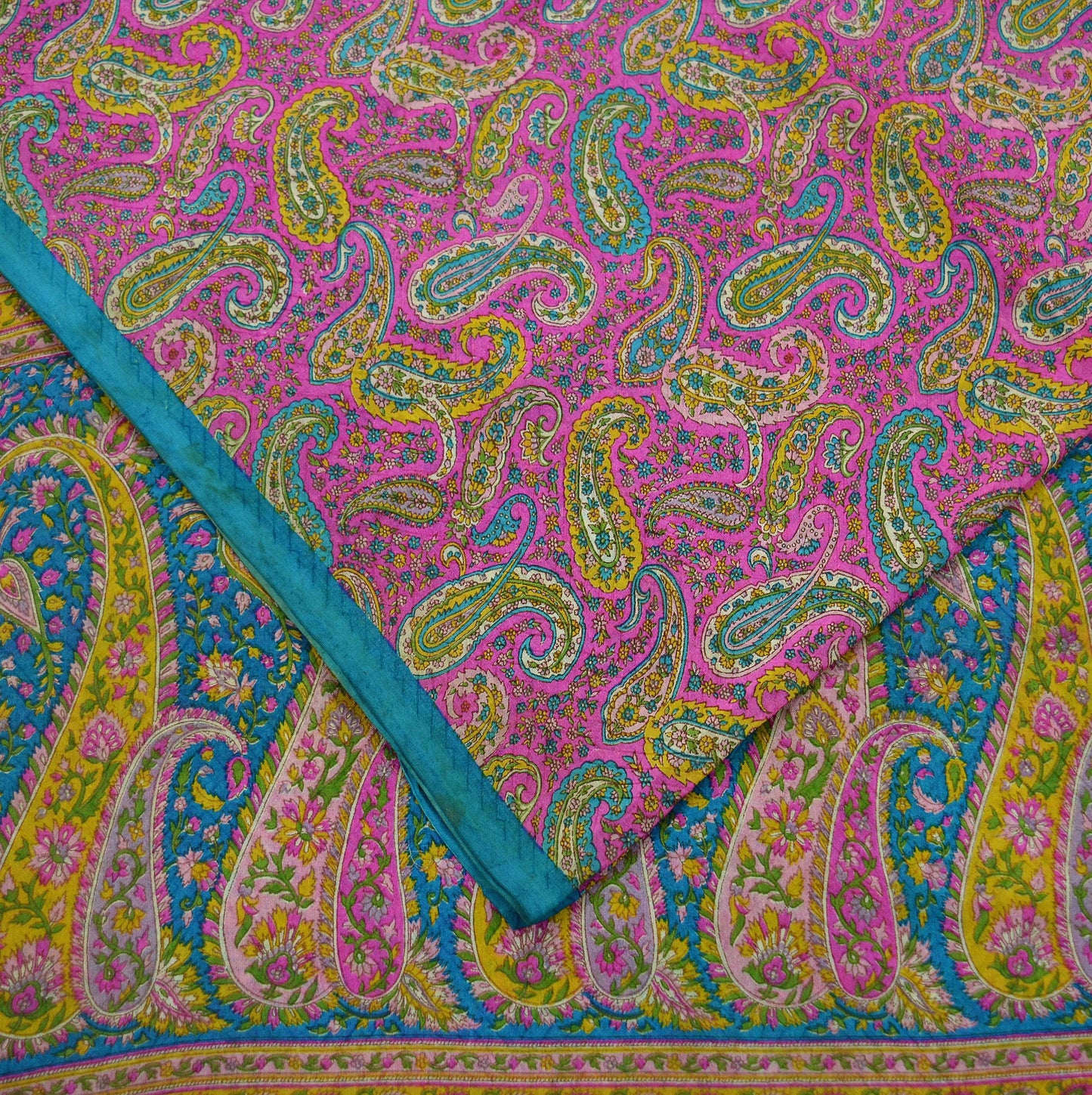 Indian Vintage Pink & Blue Saree 100% Pure Silk Printed Sari Craft Fabric 6yd Sewing Dress Making Soft Floral Paisley Quilting Crafting