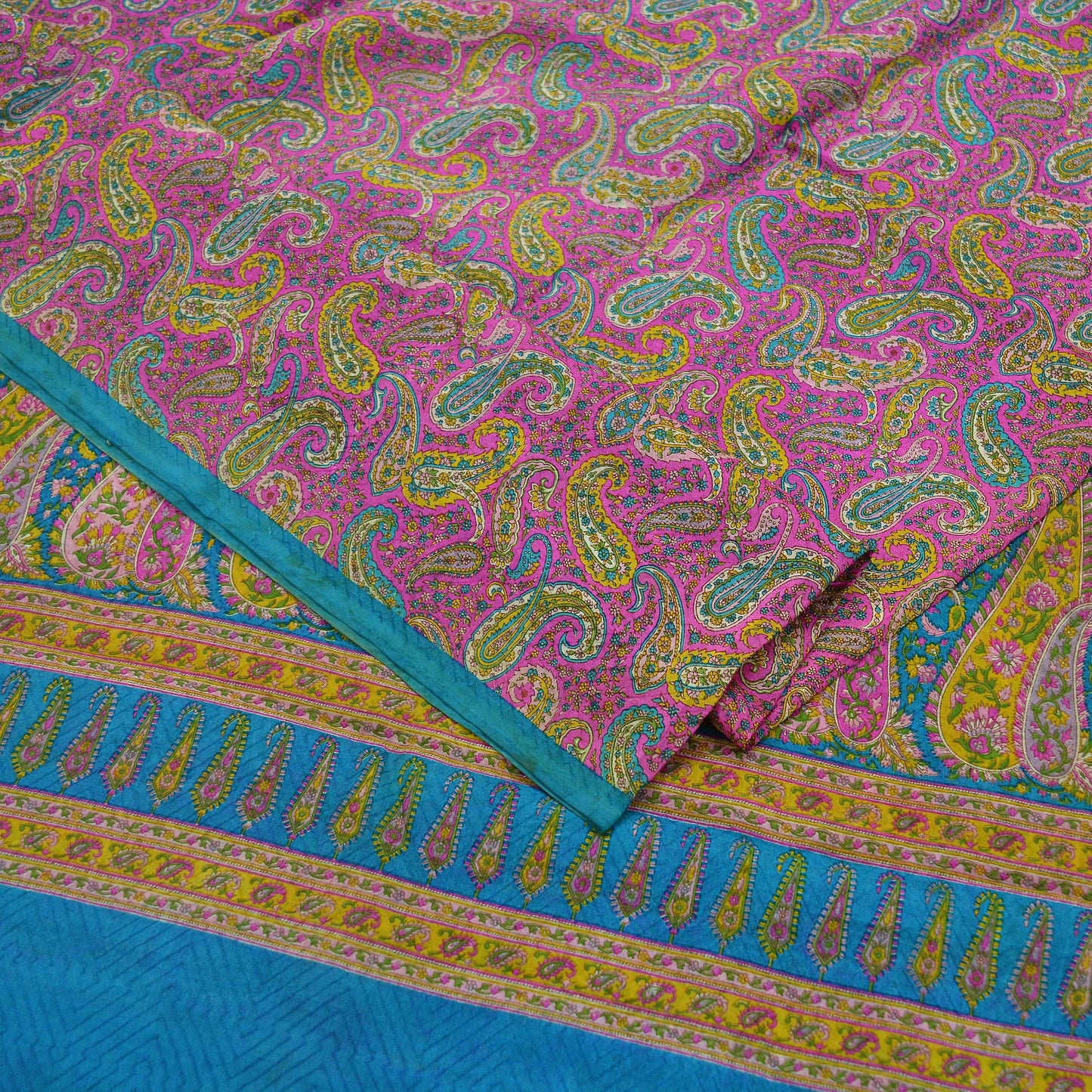 Indian Vintage Pink & Blue Saree 100% Pure Silk Printed Sari Craft Fabric 6yd Sewing Dress Making Soft Floral Paisley Quilting Crafting