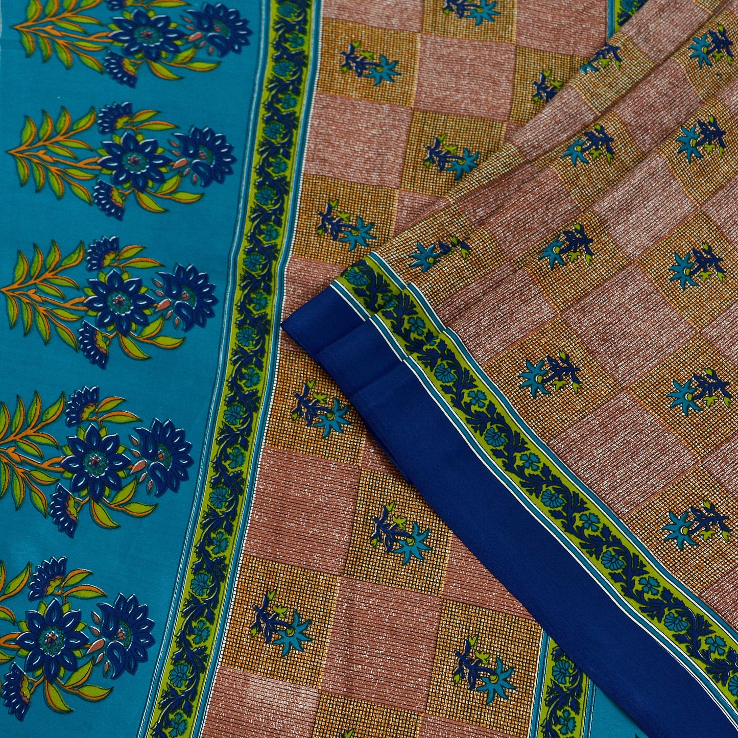 Indian Vintage Sari Brown & Blue Moss Crepe Printed Sarees Craft Fabric 5yd Sewing Floral Soft Dress making Quilting Crafting Upcycle Used